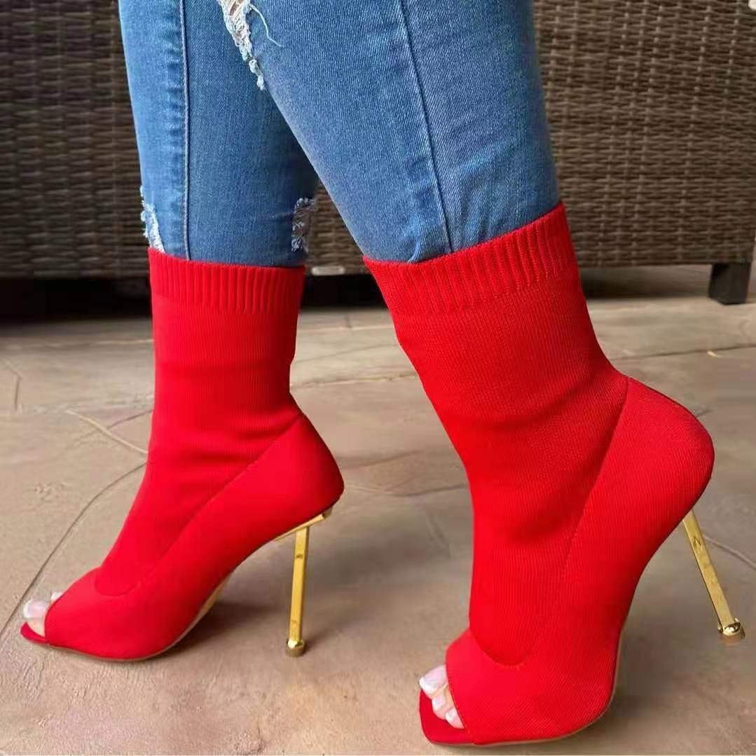 2022 Fashion Women'S Knitting Open Toe Stilettos Ankle Boots High Heel Boots Sexy Short Ankle Booties