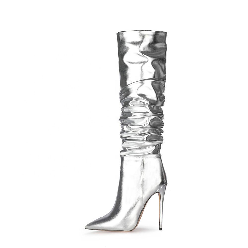 Fashion One-step Pointed Pleated High Heel Boots Women Super High Heel Metal Texture Stiletto Knee Boots