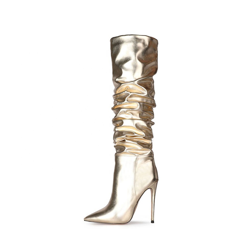 Fashion One-step Pointed Pleated High Heel Boots Women Super High Heel Metal Texture Stiletto Knee Boots