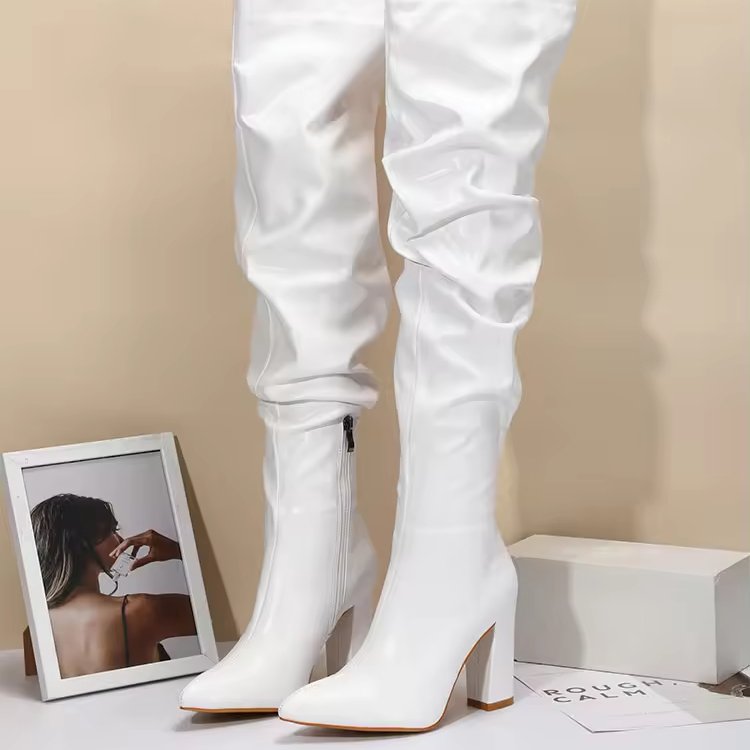 NEW2024 MODERN POINTED TOE STILETTO HEEL LEATHER THIGH HIGH BOOTS - BLACK