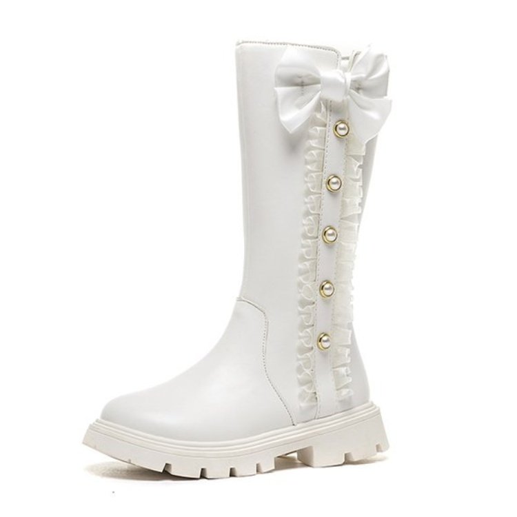 Custom Design Kids Boots Girl Long Zipper Boots Western Bowknot Beaded Girl's Chunky Heel Black White Dress Knee High Boot