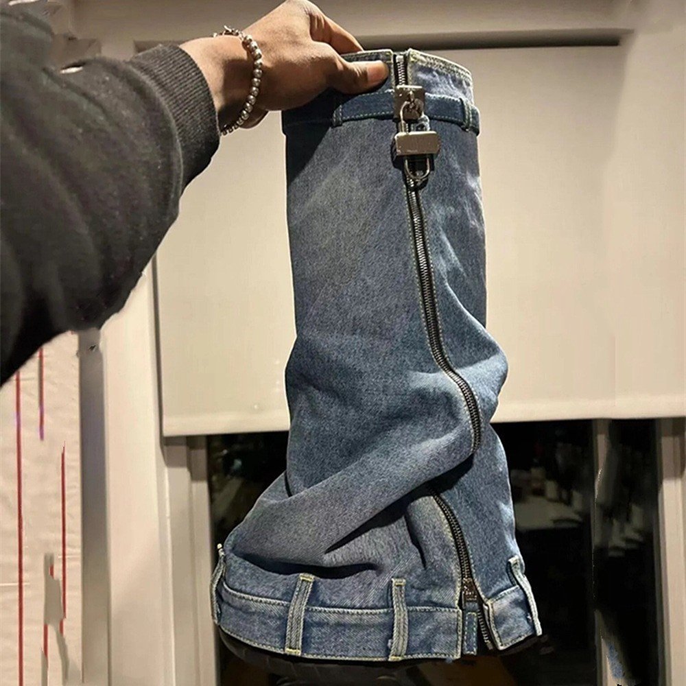 New Denim Designer Shoes Jeans Cut Pants Zipper Side Shark Lock Boots
