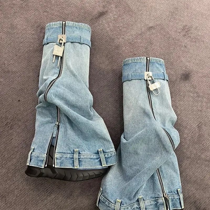 New Denim Designer Shoes Jeans Cut Pants Zipper Side Shark Lock Boots