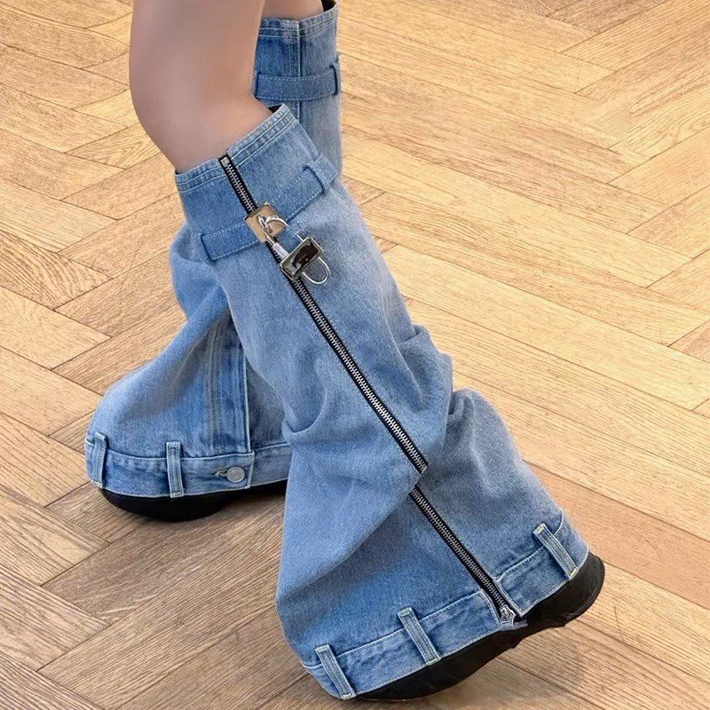 New Denim Designer Shoes Jeans Cut Pants Zipper Side Shark Lock Boots