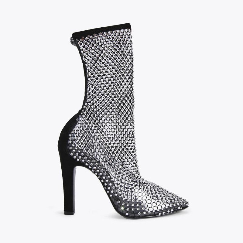 Custom Mesh Shoes Manufacturer party Shoes Black Sexy rhinestone Mesh Boots Women pumps Custom Shiny Mesh High Heel Ankle Boots