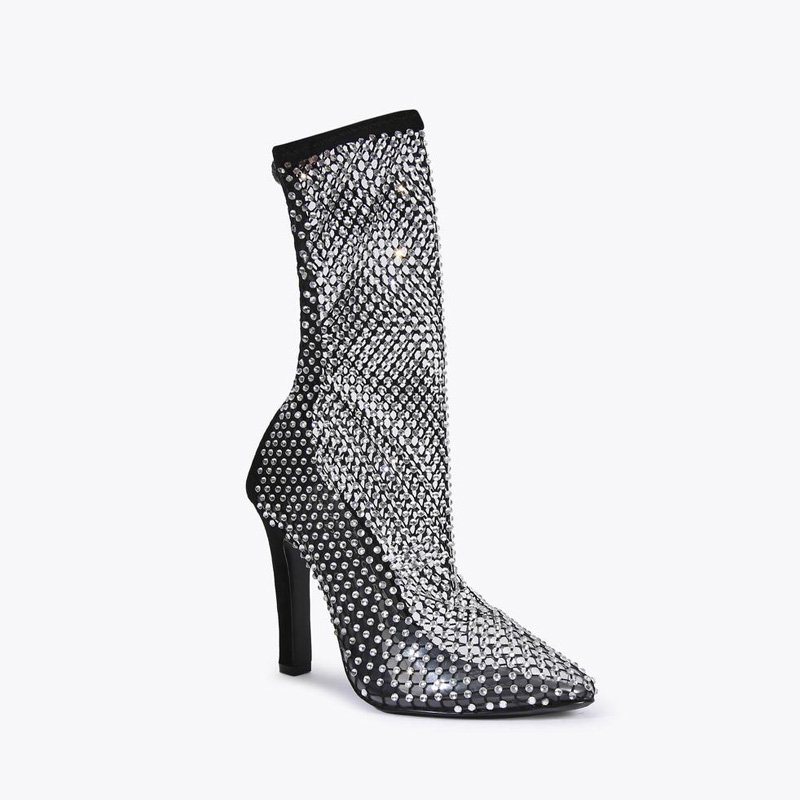 Custom Mesh Shoes Manufacturer party Shoes Black Sexy rhinestone Mesh Boots Women pumps Custom Shiny Mesh High Heel Ankle Boots
