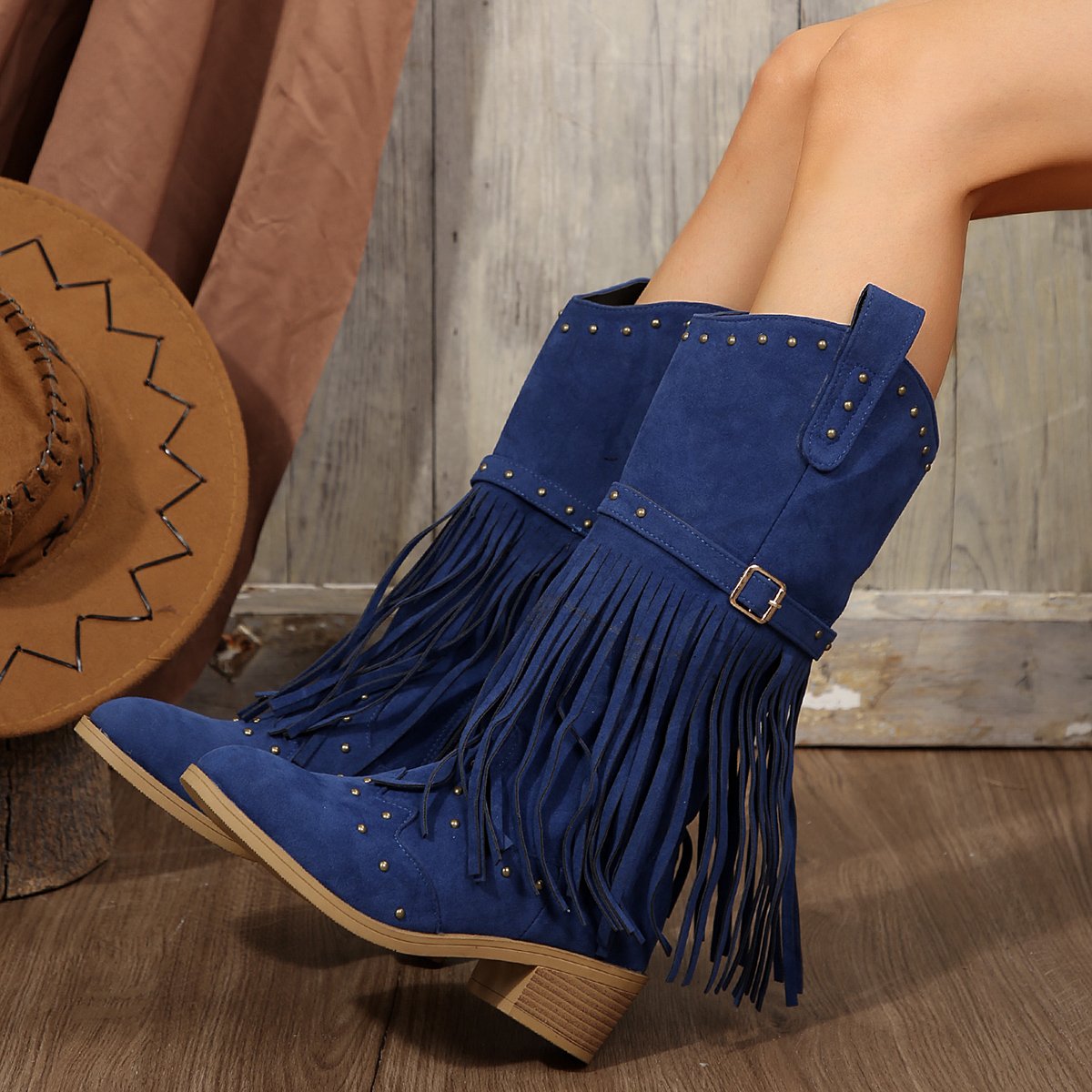 Special Hot Selling Womens Fashion Western Cowboy Boots Wide Pointed Toe Mid Calf Women's Pu Leather Tassel Boots