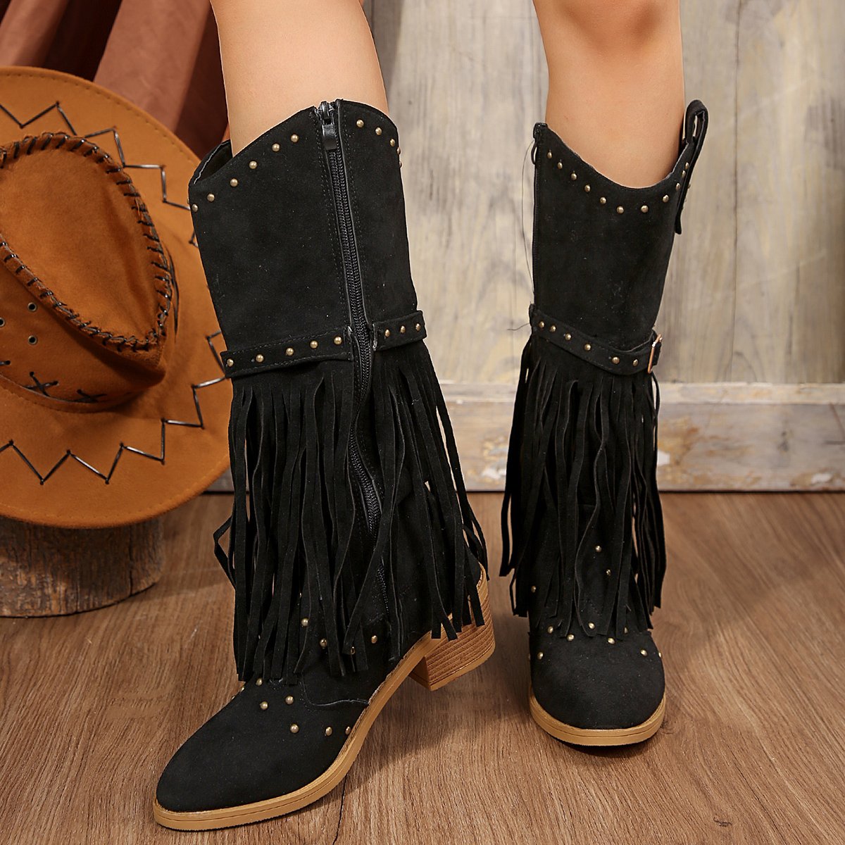Special Hot Selling Womens Fashion Western Cowboy Boots Wide Pointed Toe Mid Calf Women's Pu Leather Tassel Boots