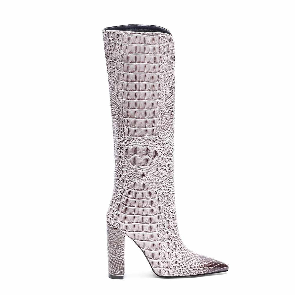 Custom Hot Selling Fashion Women Crocodile Skin Knee High Heels Boots Elegant Shoes Chunky Heel Ladies Boots for Women