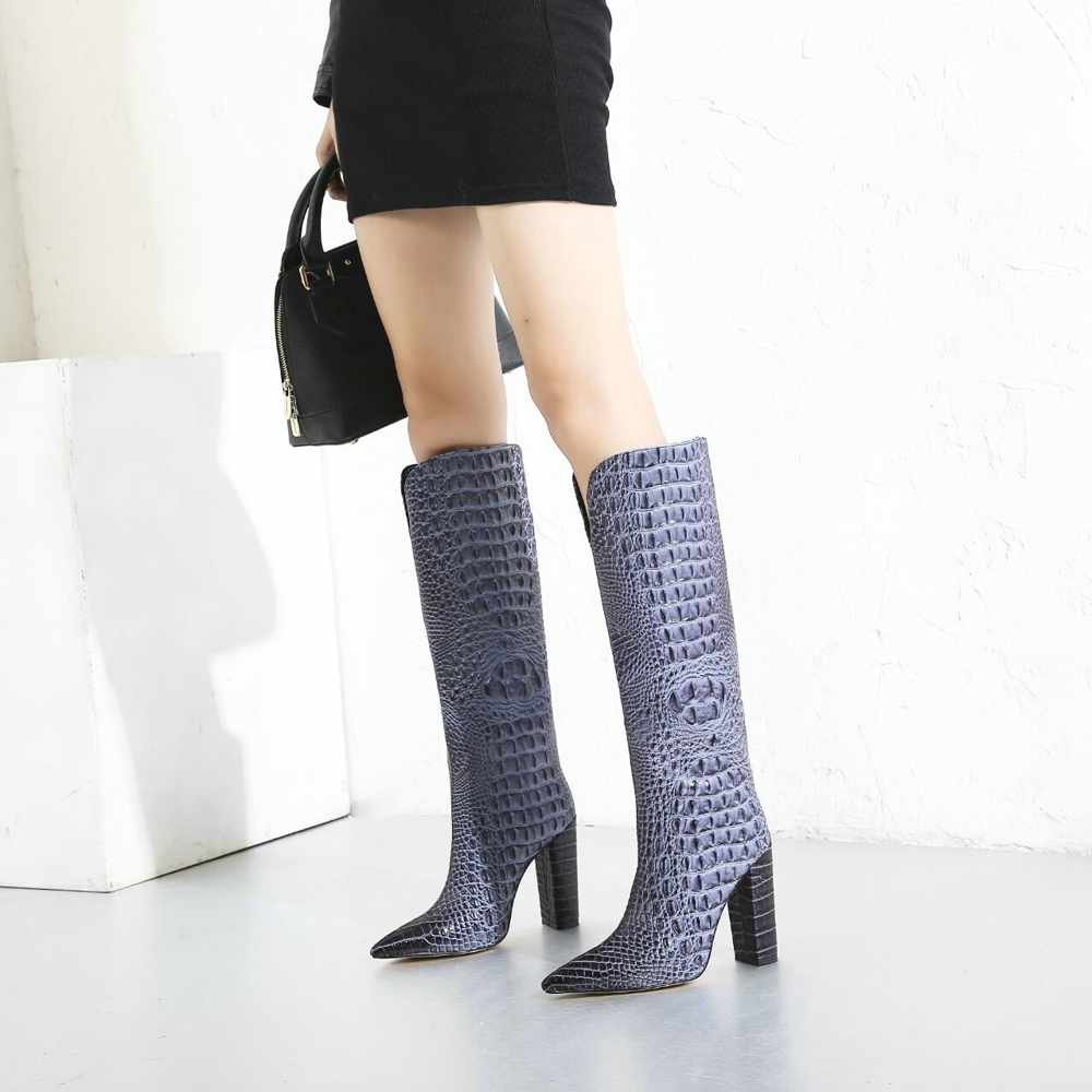 Custom Hot Selling Fashion Women Crocodile Skin Knee High Heels Boots Elegant Shoes Chunky Heel Ladies Boots for Women