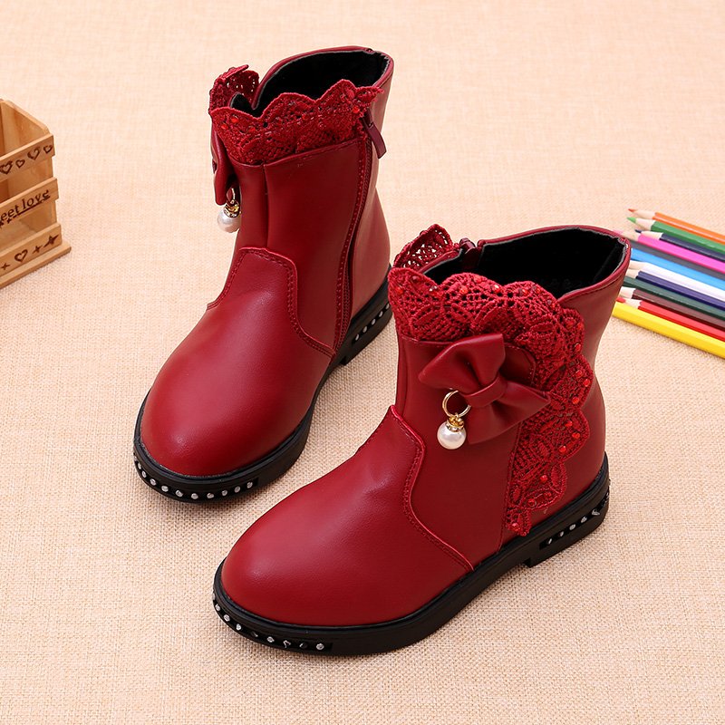 Children's Winter Warm Boots Girls Princess Ankle Boots Ruffled Bow Pearl Fashion Dress Boots
