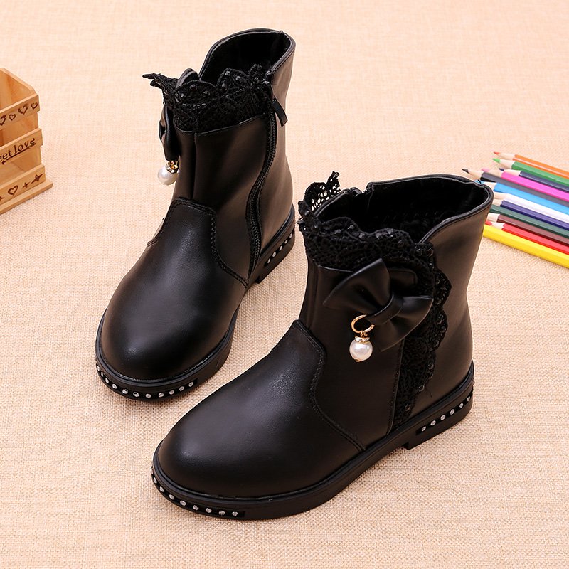 Children's Winter Warm Boots Girls Princess Ankle Boots Ruffled Bow Pearl Fashion Dress Boots