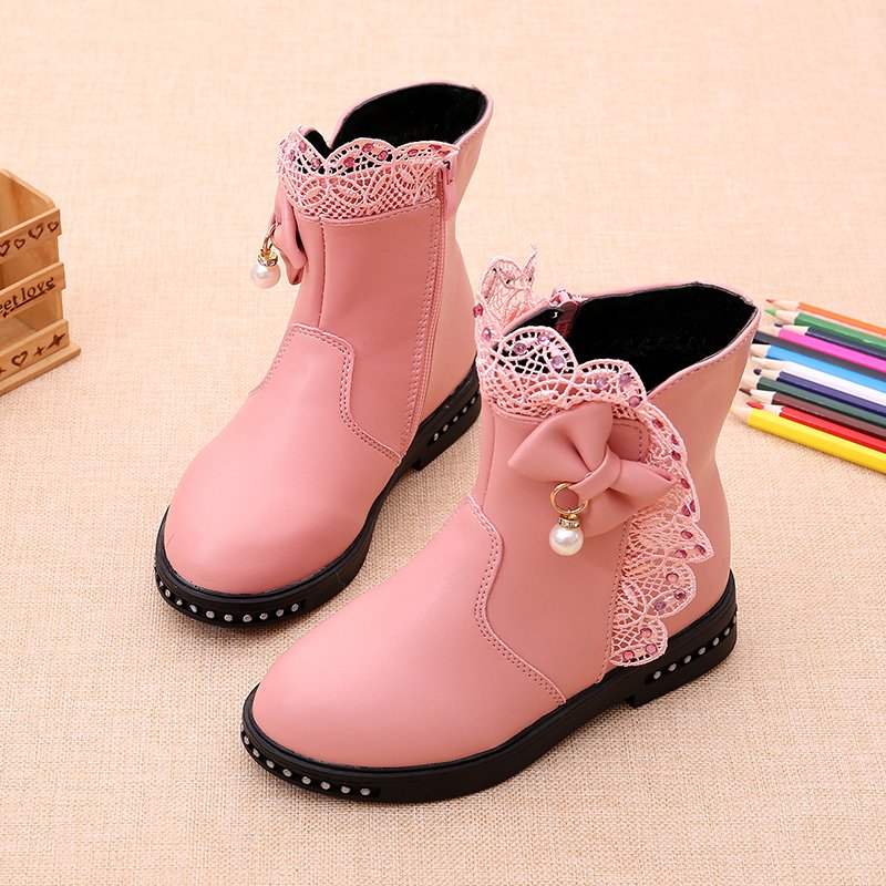 Children's Winter Warm Boots Girls Princess Ankle Boots Ruffled Bow Pearl Fashion Dress Boots