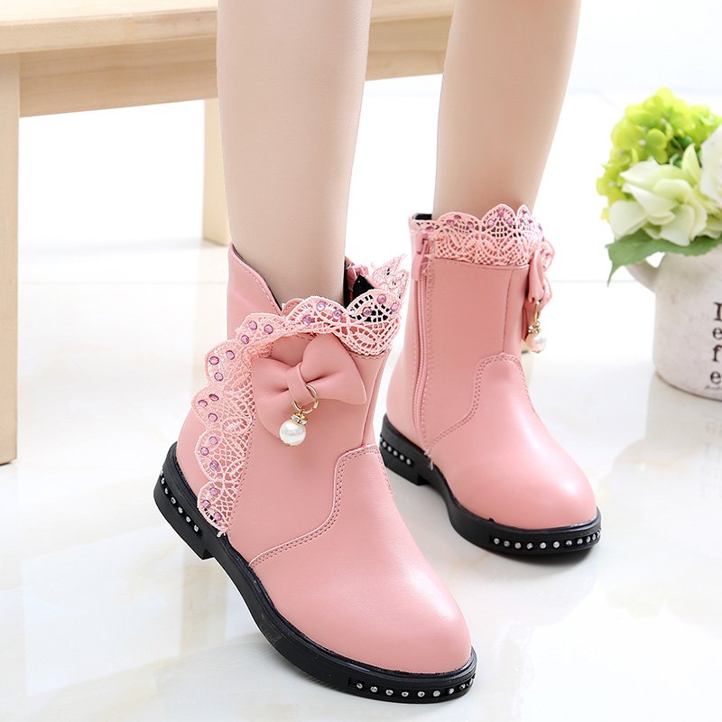 Children's Winter Warm Boots Girls Princess Ankle Boots Ruffled Bow Pearl Fashion Dress Boots