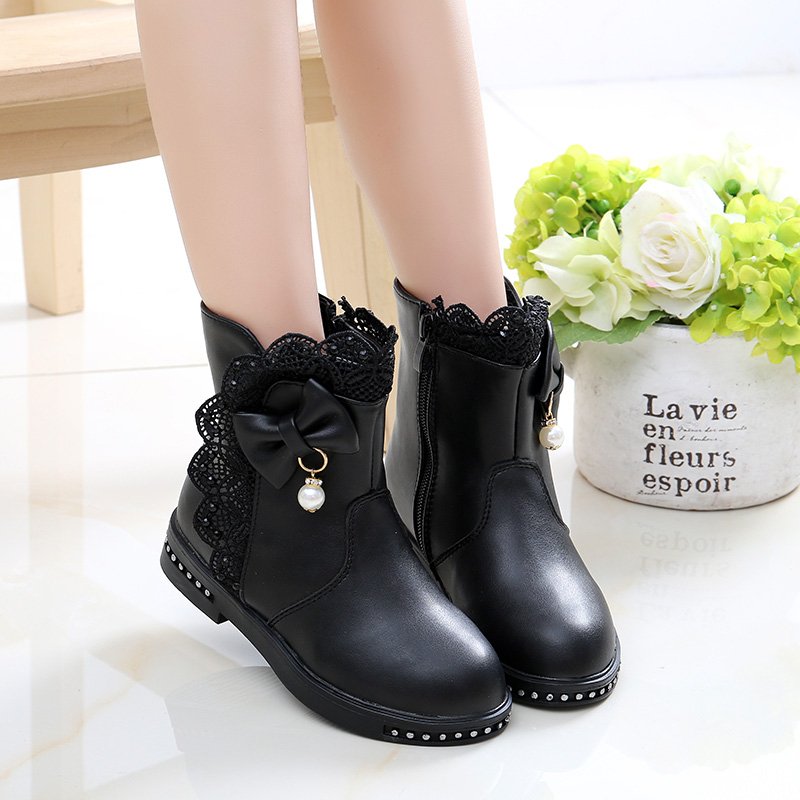 Children's Winter Warm Boots Girls Princess Ankle Boots Ruffled Bow Pearl Fashion Dress Boots