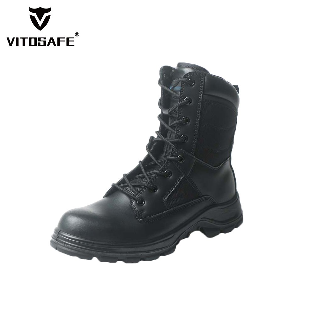 High-cut Comfortable Black Leather Tactical Boots with Zipper Safety Shoes for Men