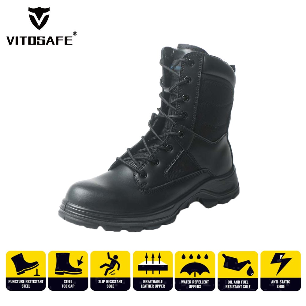 High-cut Comfortable Black Leather Tactical Boots with Zipper Safety Shoes for Men