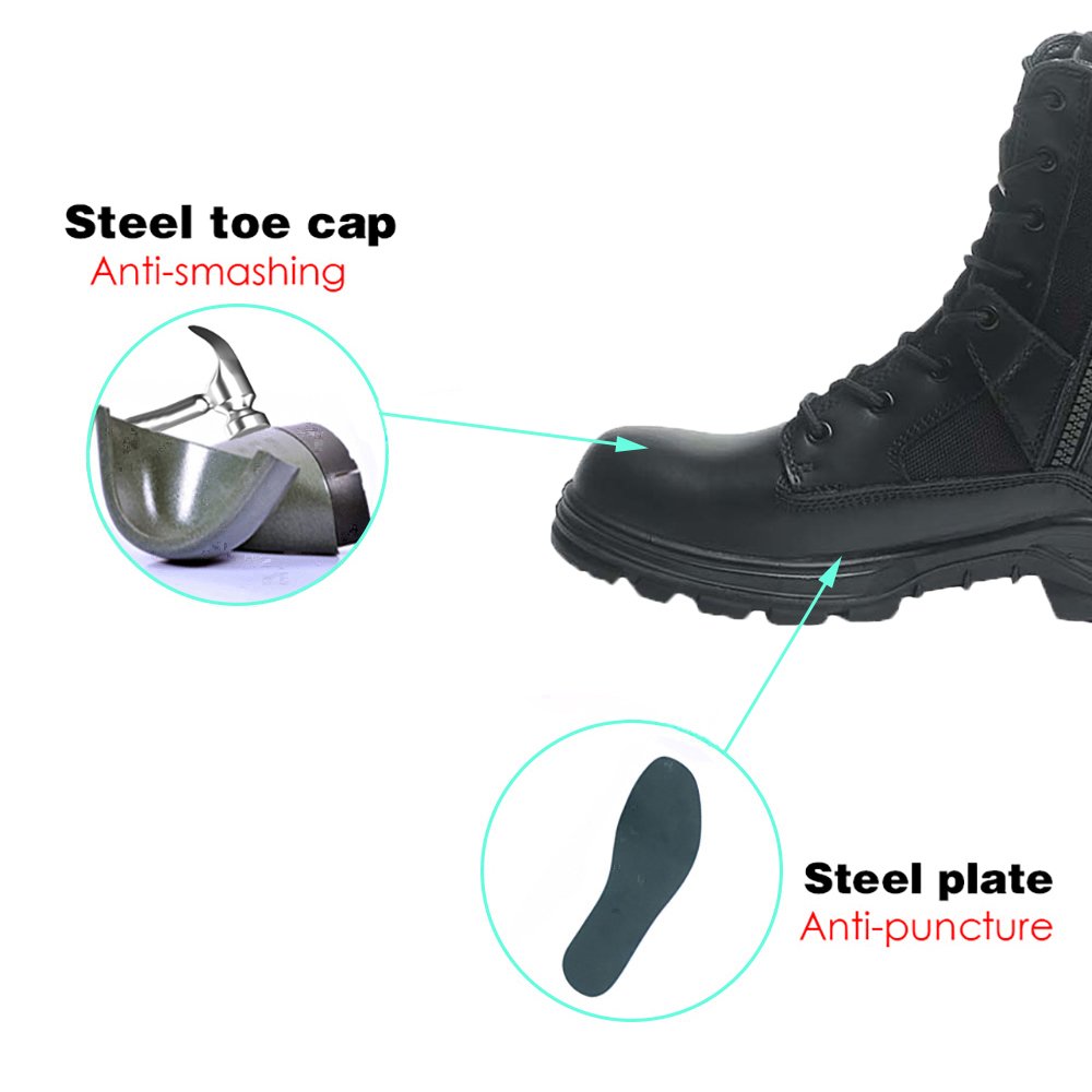 High-cut Comfortable Black Leather Tactical Boots with Zipper Safety Shoes for Men