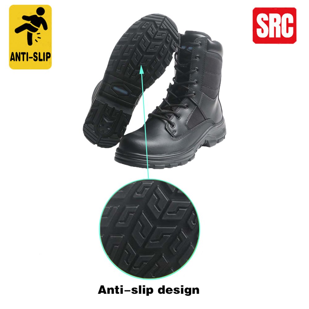 High-cut Comfortable Black Leather Tactical Boots with Zipper Safety Shoes for Men