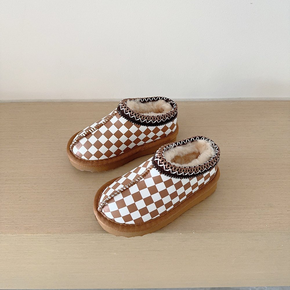 QY1010 2024 New arrivals children's snow boots Leather warm thick short boots checkerboard Korean children's shoes