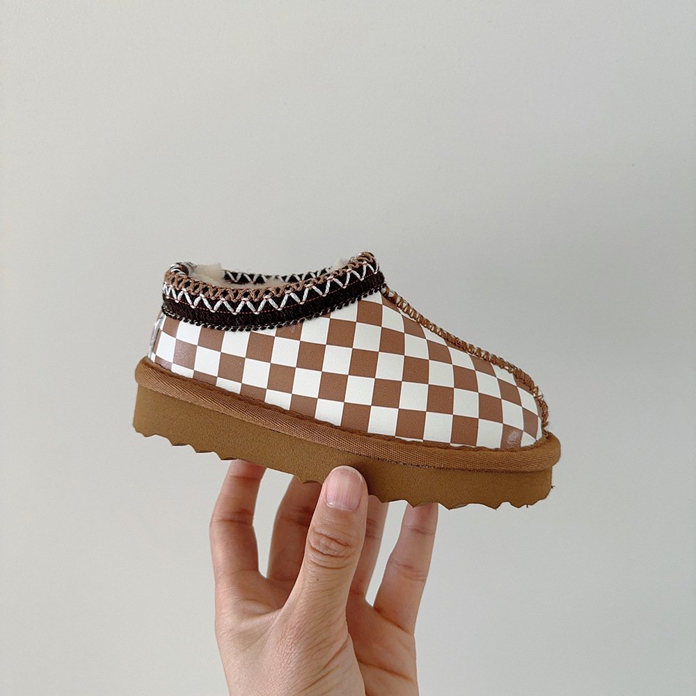 QY1010 2024 New arrivals children's snow boots Leather warm thick short boots checkerboard Korean children's shoes