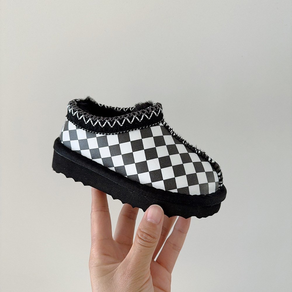 QY1010 2024 New arrivals children's snow boots Leather warm thick short boots checkerboard Korean children's shoes
