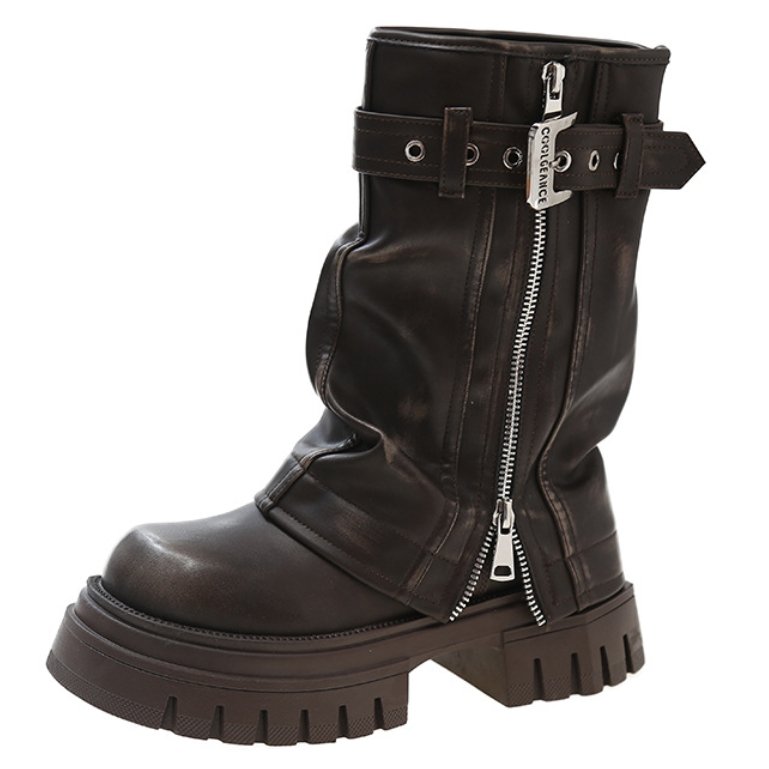 Xinzirain Custom Round Toe Widen Shaft Platform Double Zippers Distressed Genuine Leather Chunky Mid-Calf Boots