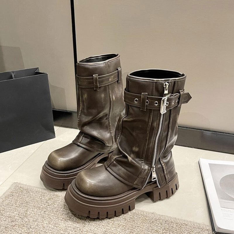 Xinzirain Custom Round Toe Widen Shaft Platform Double Zippers Distressed Genuine Leather Chunky Mid-Calf Boots
