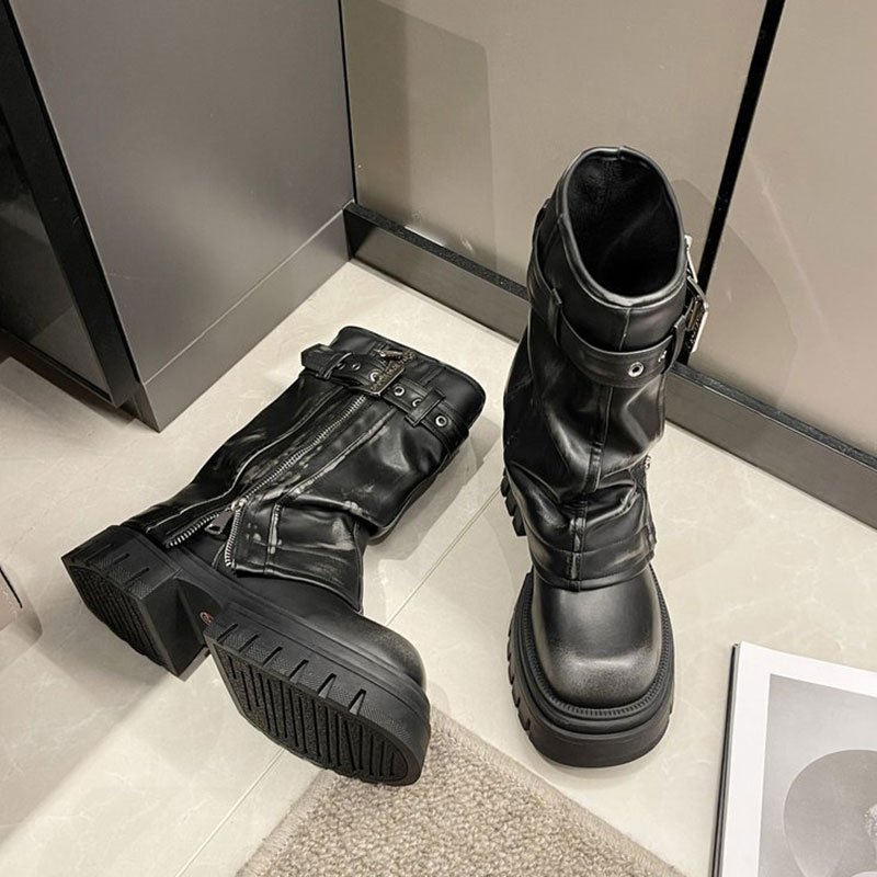 Xinzirain Custom Round Toe Widen Shaft Platform Double Zippers Distressed Genuine Leather Chunky Mid-Calf Boots