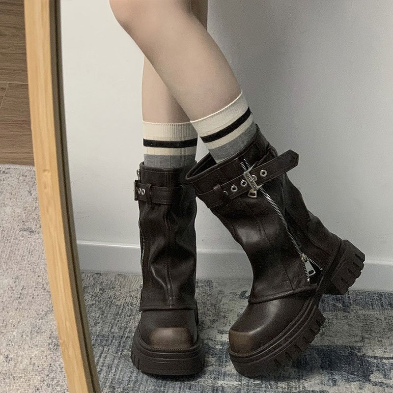 Xinzirain Custom Round Toe Widen Shaft Platform Double Zippers Distressed Genuine Leather Chunky Mid-Calf Boots