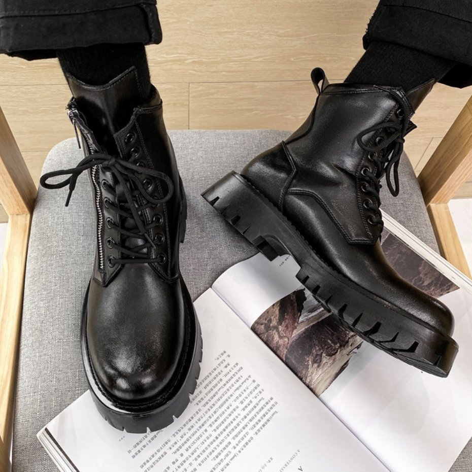 Boots Men's black men's British style high-top hipster side zip work boots