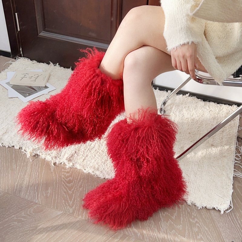 Women's Winter Fluffy Faux Fur Boots Woman Plush Warm Snow Boots Luxury Footwear Furry Fur Boots