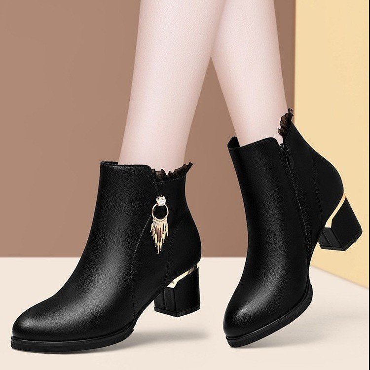 Xuanhui trending winter new round toe velvet warm thick heel rhinestone pure leather ankle boots for women