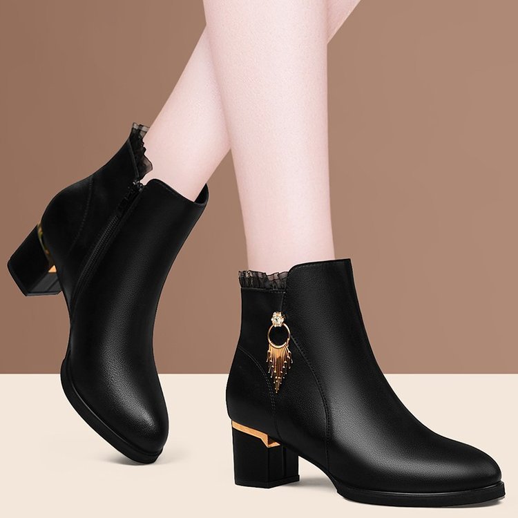 Xuanhui trending winter new round toe velvet warm thick heel rhinestone pure leather ankle boots for women