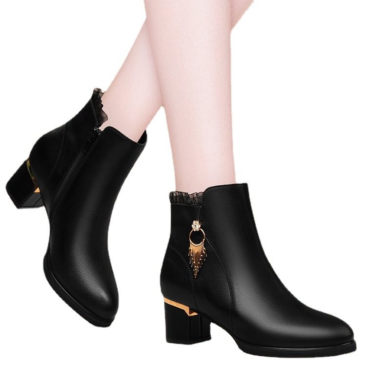 Xuanhui trending winter new round toe velvet warm thick heel rhinestone pure leather ankle boots for women