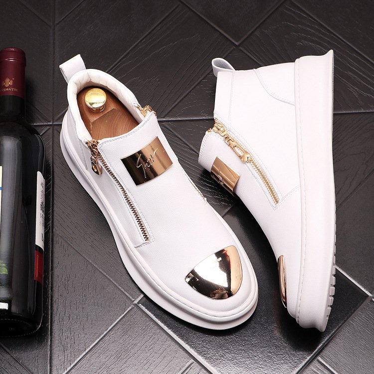 European and American trendy luxury men's casual shoes high-top Glossy zip skateboard shoes thick-sole men Martin boots