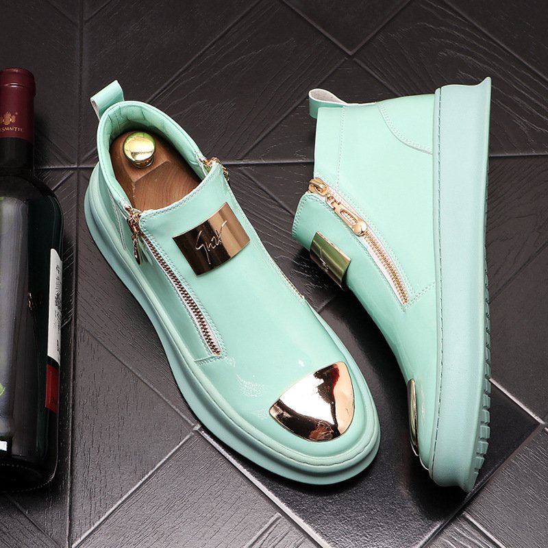 European and American trendy luxury men's casual shoes high-top Glossy zip skateboard shoes thick-sole men Martin boots