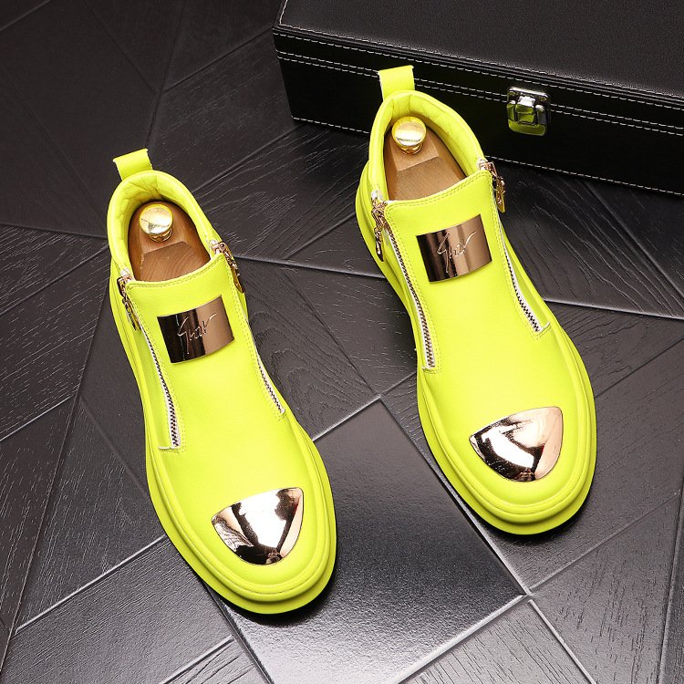 European and American trendy luxury men's casual shoes high-top Glossy zip skateboard shoes thick-sole men Martin boots