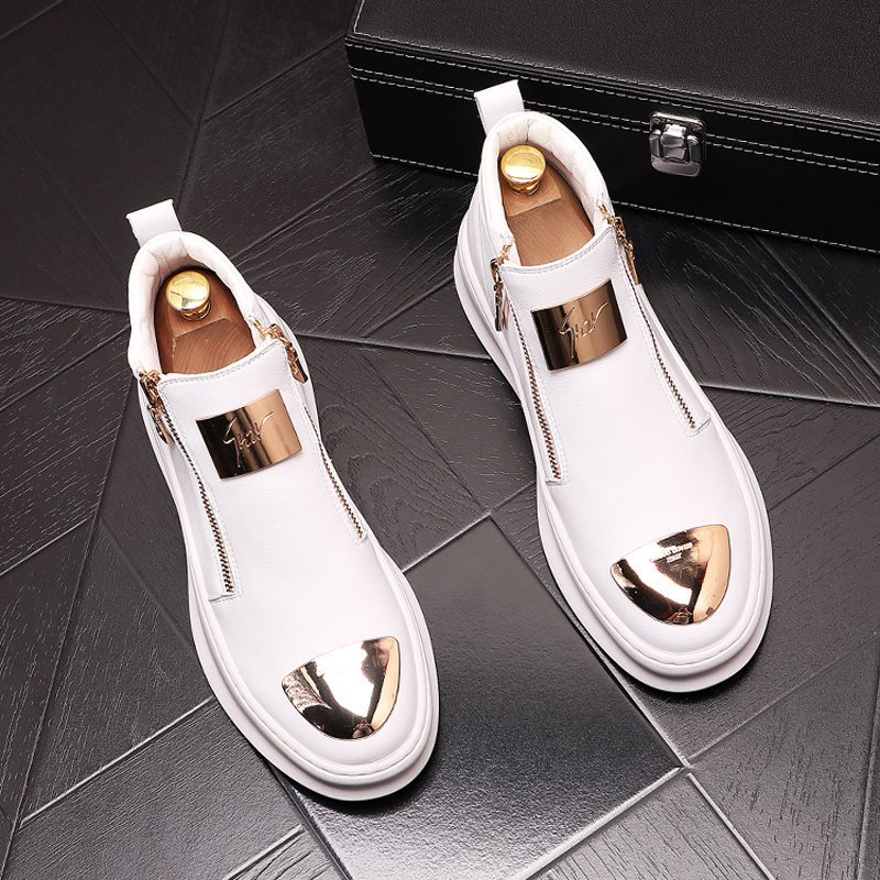 European and American trendy luxury men's casual shoes high-top Glossy zip skateboard shoes thick-sole men Martin boots