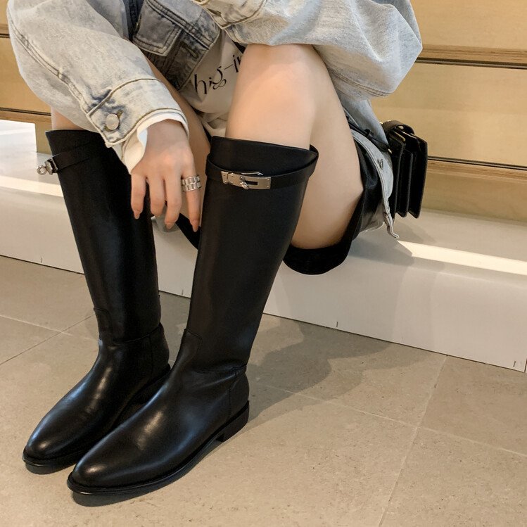 Cialisa Fashion Design Boots Shoes Round Toe Silver Buckle Womans Knee High Boots Classics Flats Custom Winter Shoes