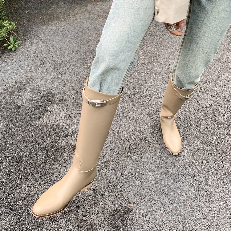 Cialisa Fashion Design Boots Shoes Round Toe Silver Buckle Womans Knee High Boots Classics Flats Custom Winter Shoes