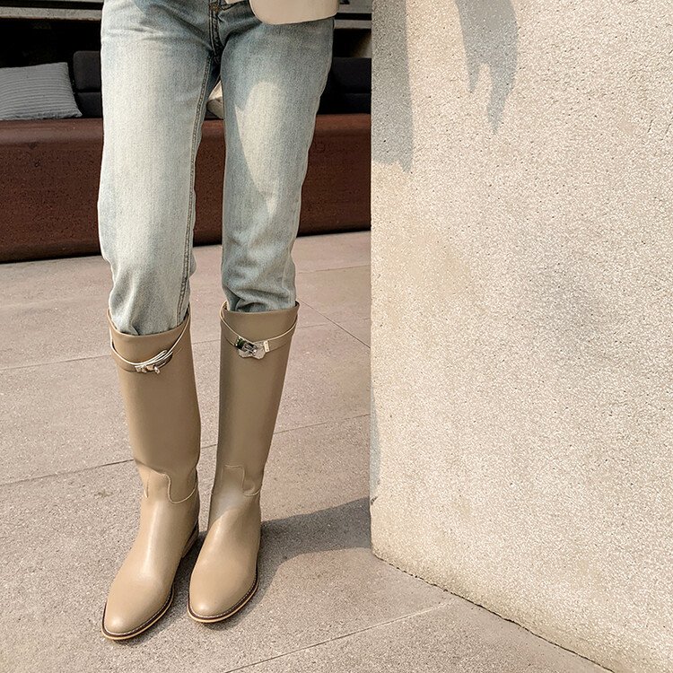 Cialisa Fashion Design Boots Shoes Round Toe Silver Buckle Womans Knee High Boots Classics Flats Custom Winter Shoes