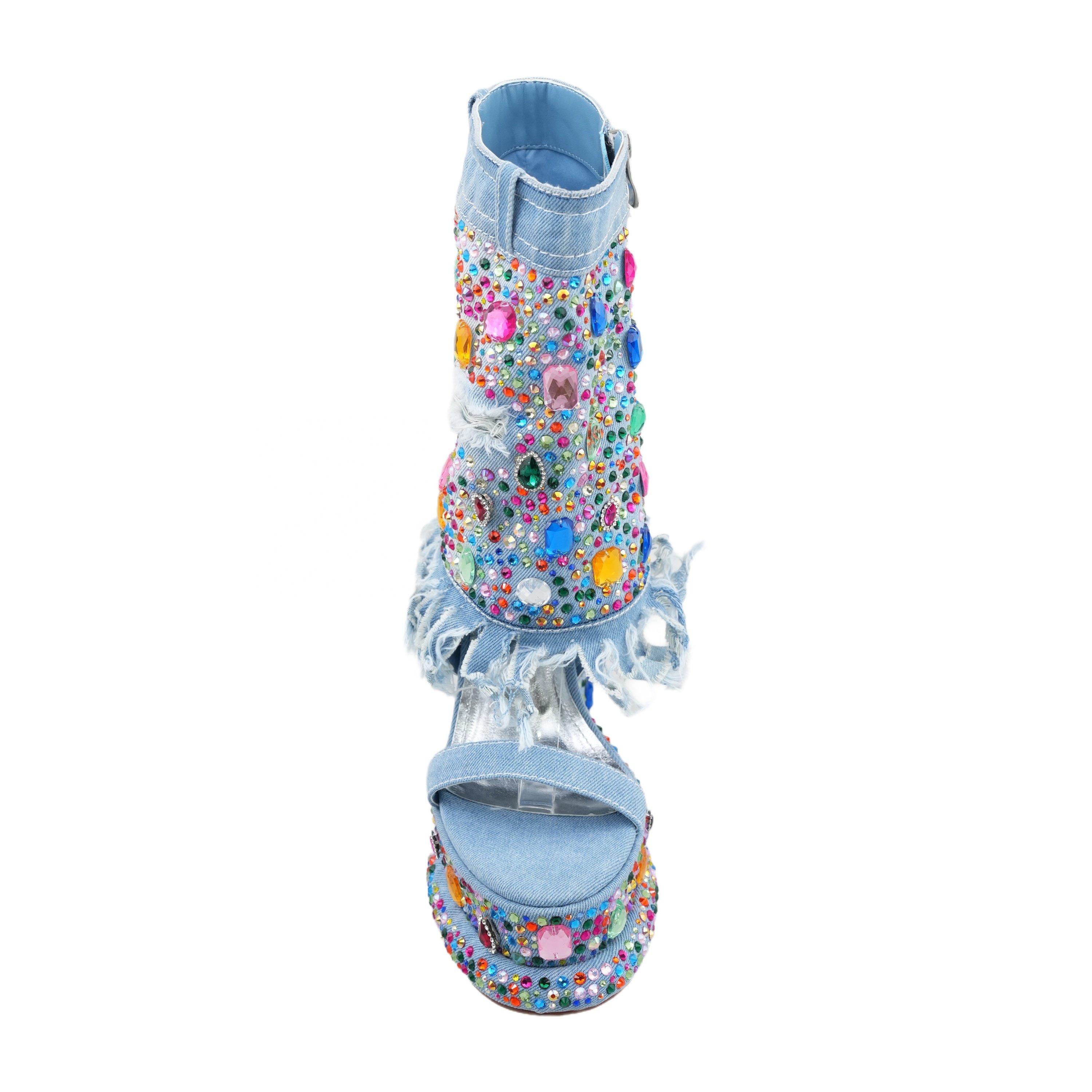 2024 Wholesale Diamond Encrusted Blue Denim High Platform Open Toe Sandals Women Fashion High Heel Round Toe Boots