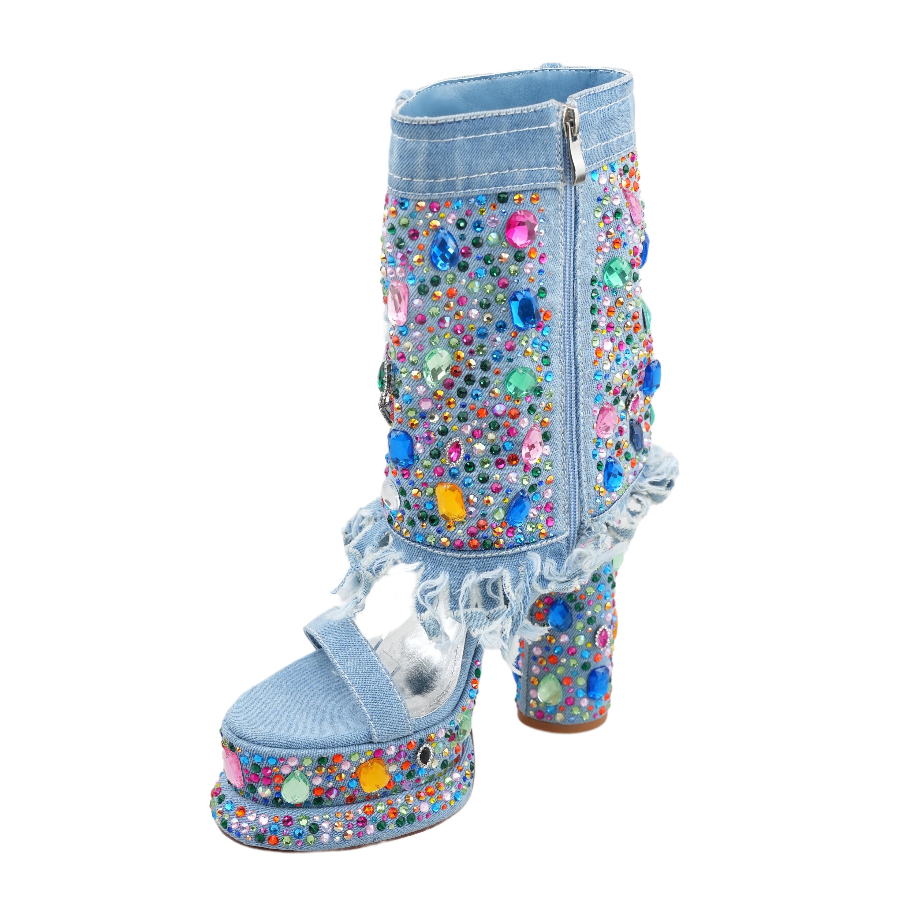2024 Wholesale Diamond Encrusted Blue Denim High Platform Open Toe Sandals Women Fashion High Heel Round Toe Boots