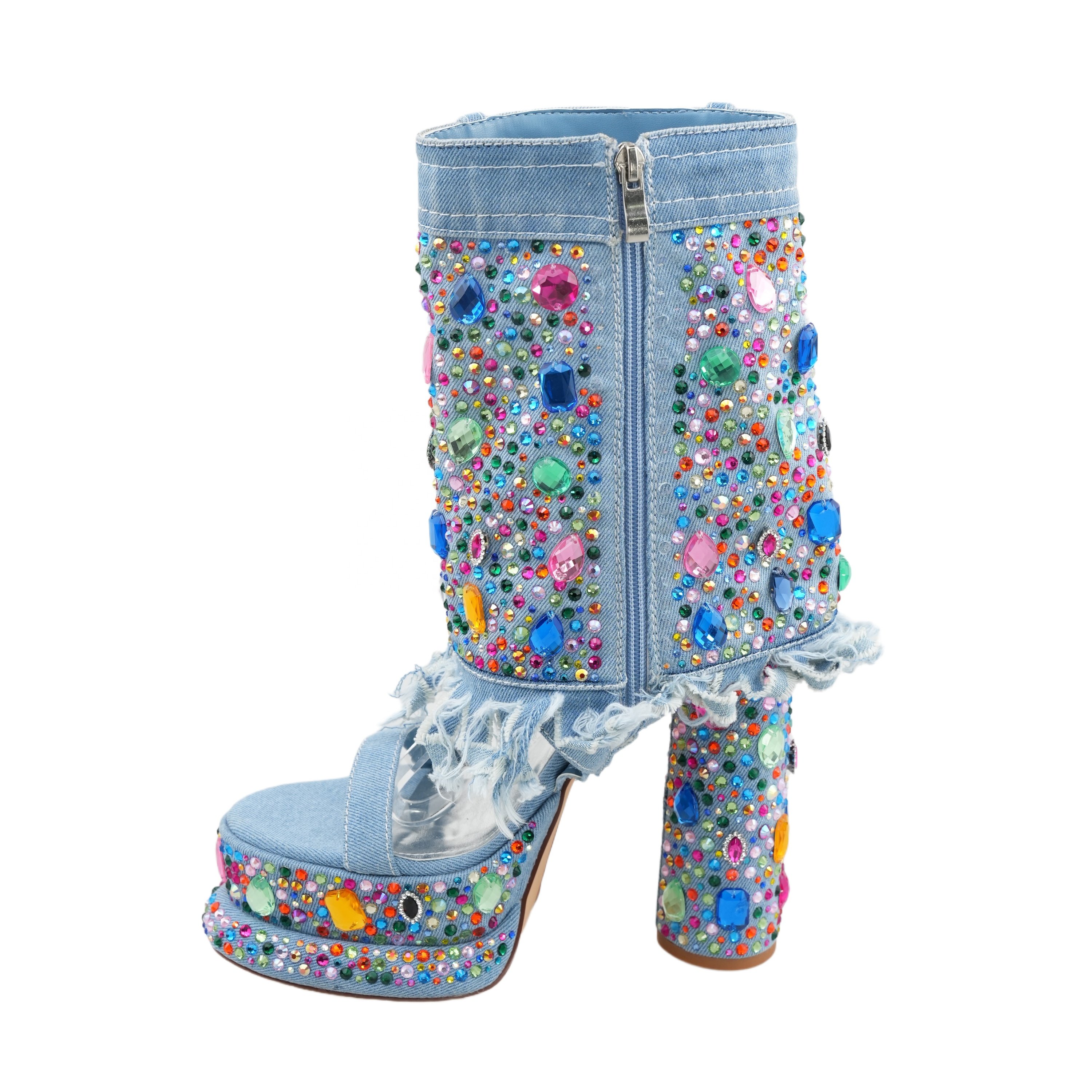 2024 Wholesale Diamond Encrusted Blue Denim High Platform Open Toe Sandals Women Fashion High Heel Round Toe Boots