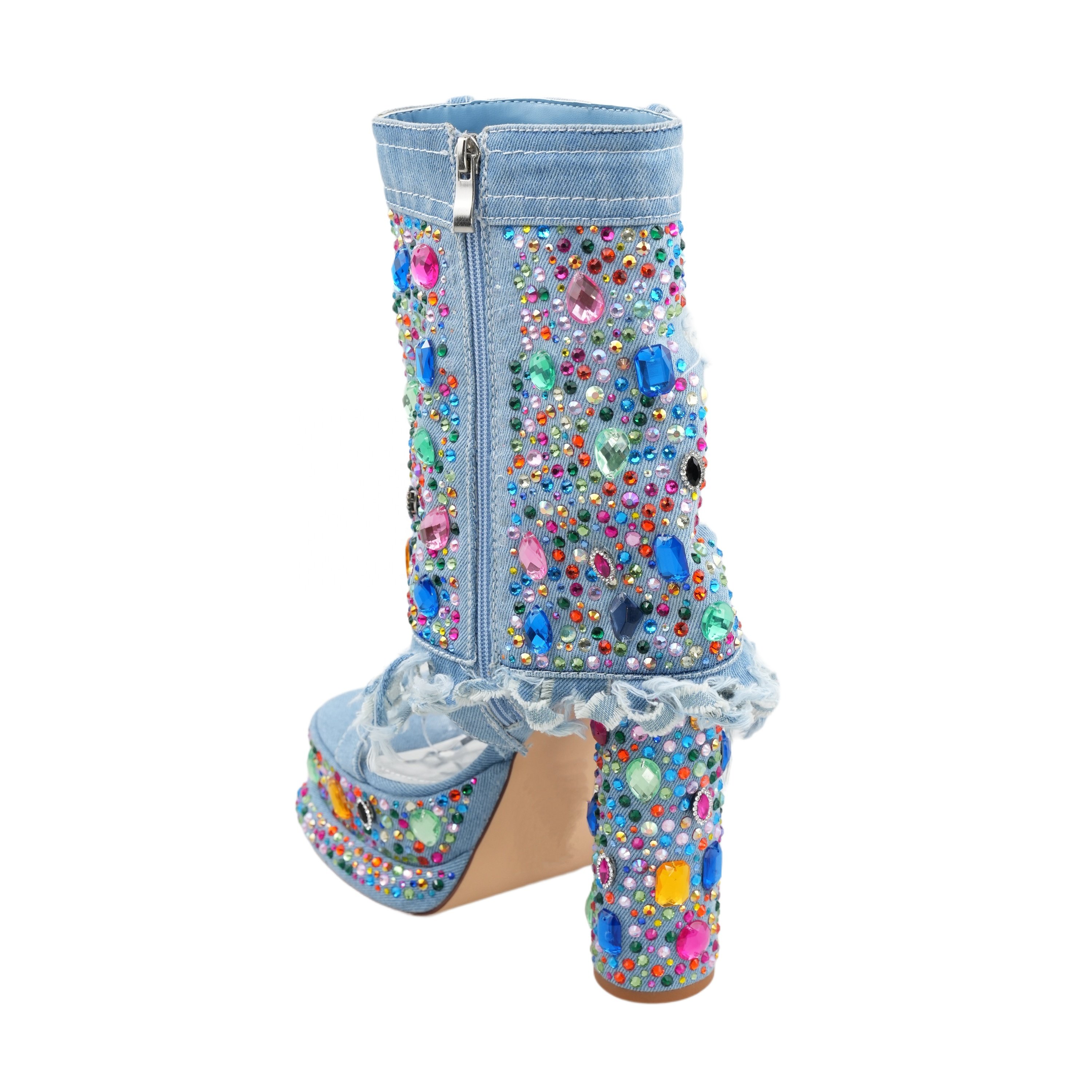 2024 Wholesale Diamond Encrusted Blue Denim High Platform Open Toe Sandals Women Fashion High Heel Round Toe Boots