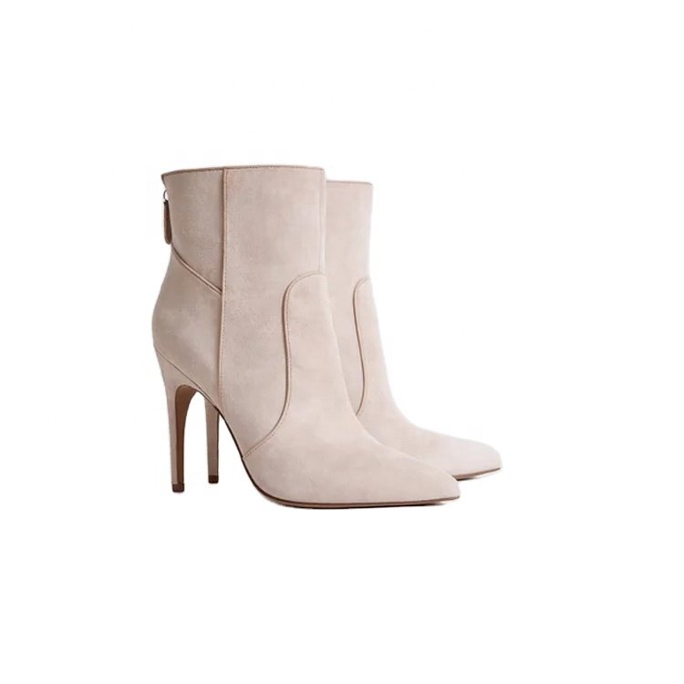 Dongguan Shoes Factory Ladies Pink Warm Soft Leather Pointed Toe Stiletto Heel Zipper Women Ankle Boots High Heel Western Autumn