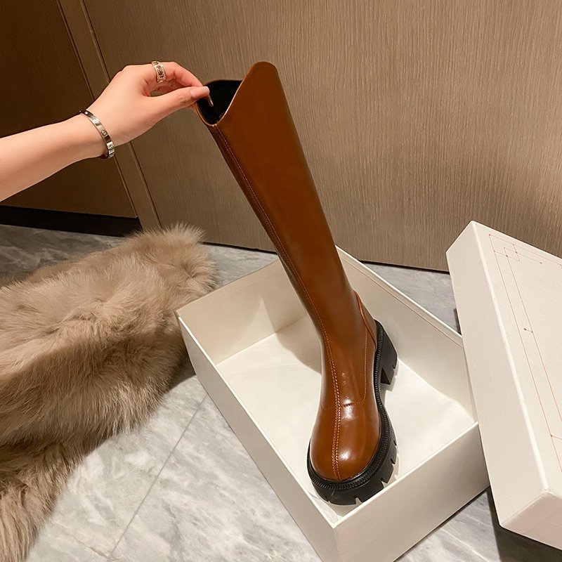 Best Selling 2023 Simple And Versatile Round Toe Zipper Up Thick Sole Flat Shoes Women Knee High Boots