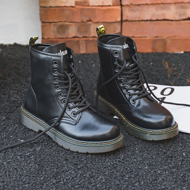Couples Boots Unisex Winter Black Wool Lined High Top Motorcycle Boots Genuine Leather Work Ankle Boots