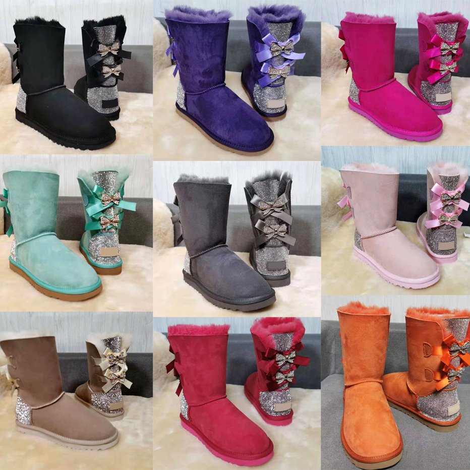 Hot Selling Sheepskin Warm Women's Medium Boots Newly Arrived Sheepskin Boots Lace Up Rhinestone Winter Warm Women's Snow Boots